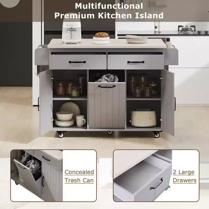 Isla de cocina blanca con carrito de cocina con ruedas, almacenaje para cubo de basura, hoja desplegable y estante ajustable