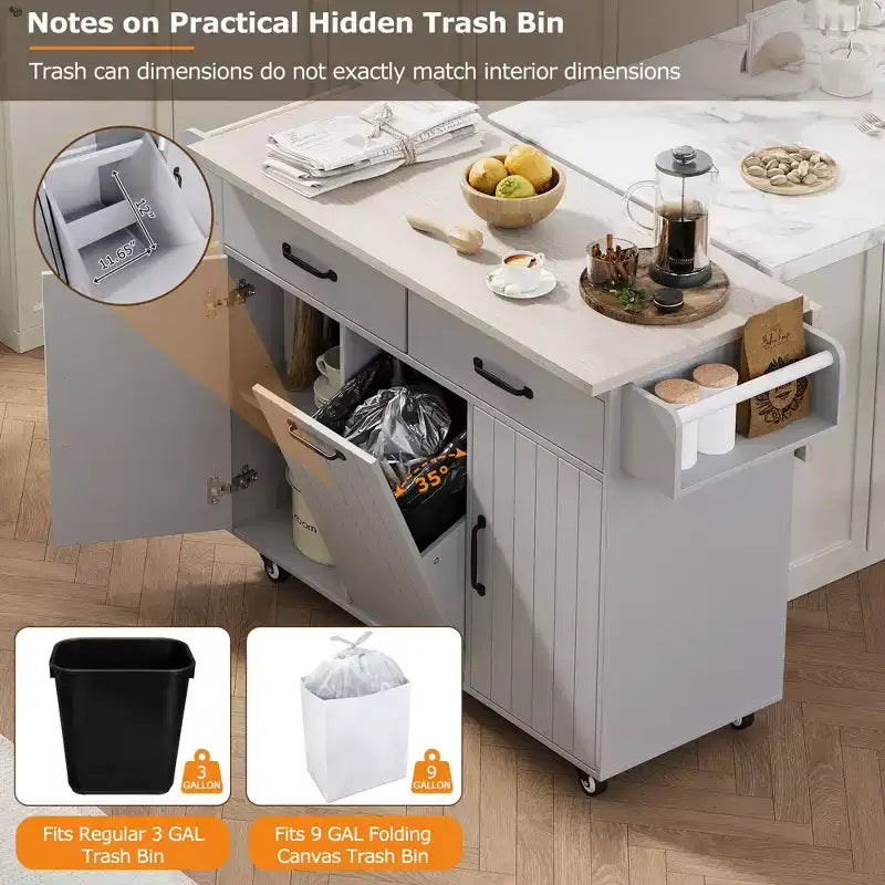 Isla de cocina blanca con carrito de cocina con ruedas, almacenaje para cubo de basura, hoja desplegable y estante ajustable
