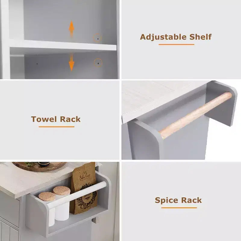 Isla de cocina blanca con carrito de cocina con ruedas, almacenaje para cubo de basura, hoja desplegable y estante ajustable