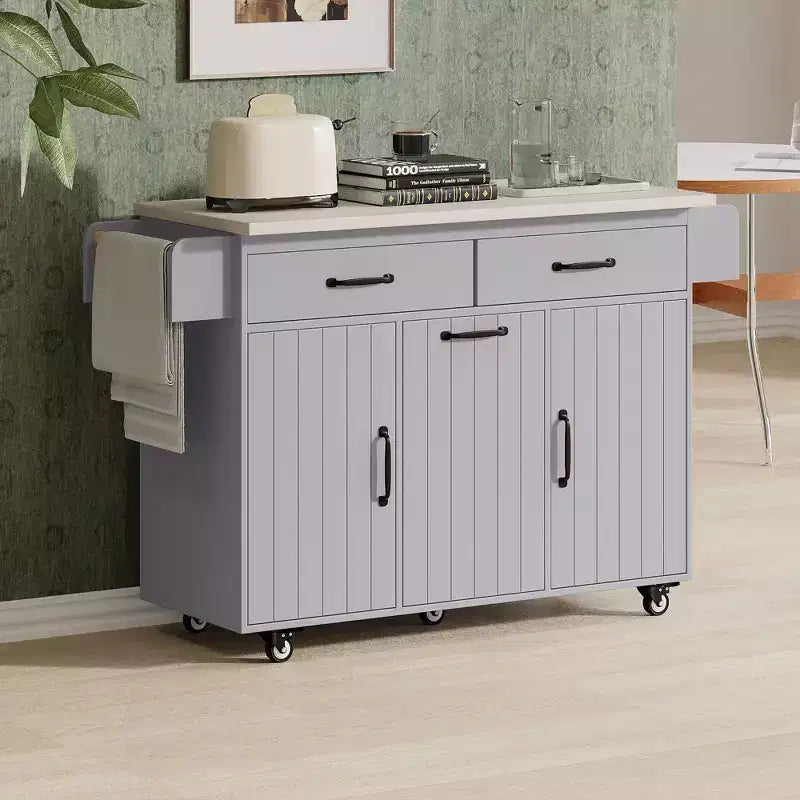 Isla de cocina blanca con carrito de cocina con ruedas, almacenaje para cubo de basura, hoja desplegable y estante ajustable