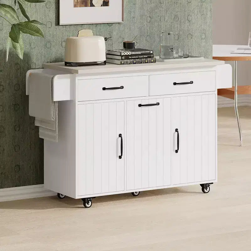 Isla de cocina blanca con carrito de cocina con ruedas, almacenaje para cubo de basura, hoja desplegable y estante ajustable