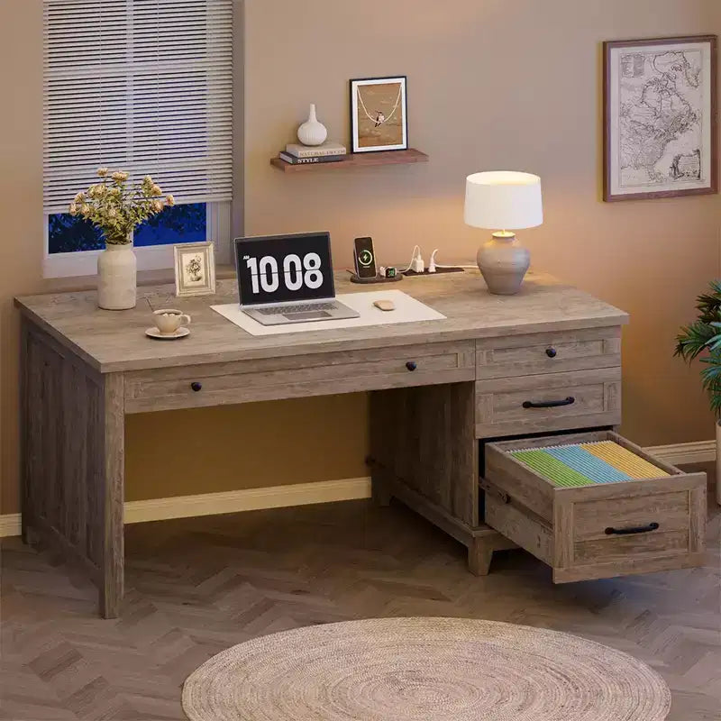 Escritorio ejecutivo de 53.5" con 4 cajones, escritorio de oficina en casa de madera con archivador, escritorio de computadora de estilo rústico para estudio, gris