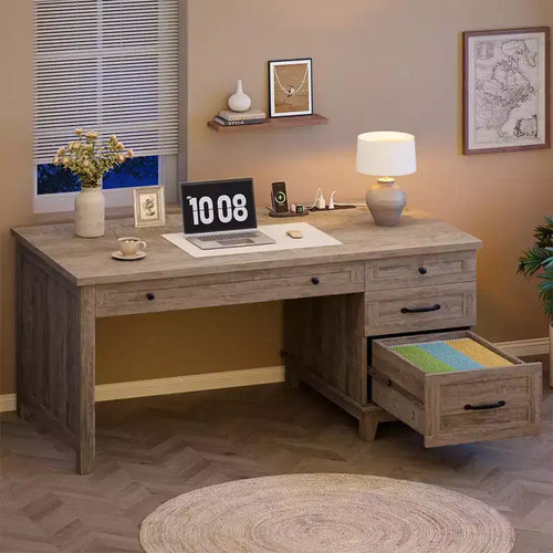 Escritorio ejecutivo de 53.5" con 4 cajones, escritorio de oficina en casa de madera con archivador, escritorio de computadora de estilo rústico para estudio, gris