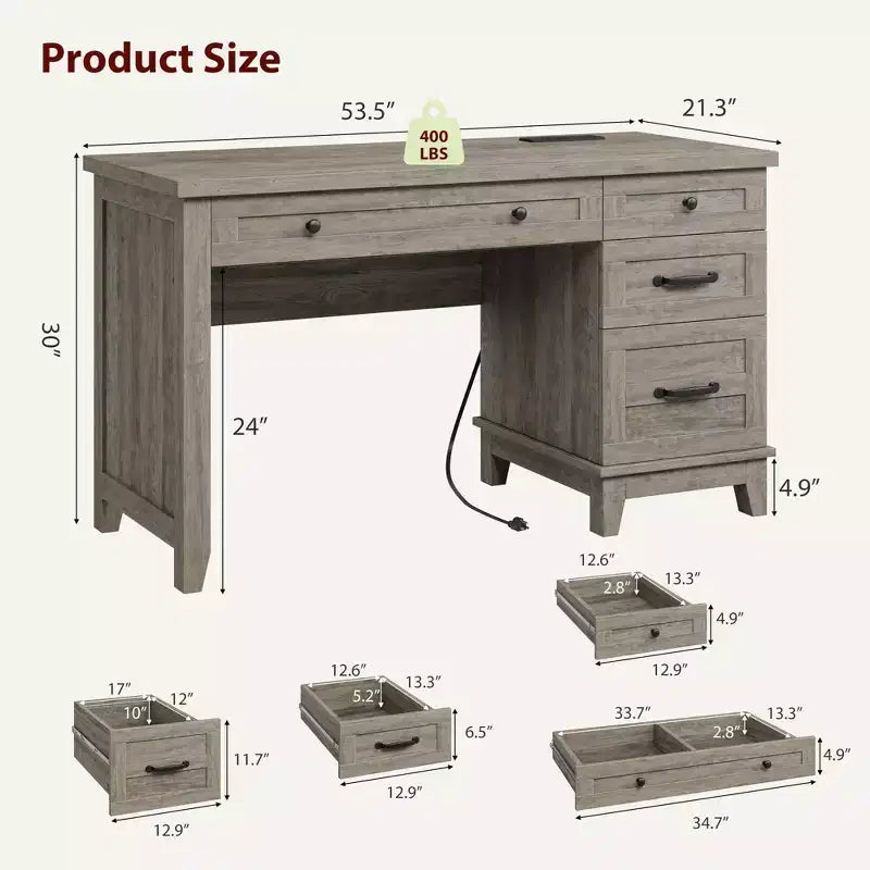 Escritorio ejecutivo de 53.5" con 4 cajones, escritorio de oficina en casa de madera con archivador, escritorio de computadora de estilo rústico para estudio, gris
