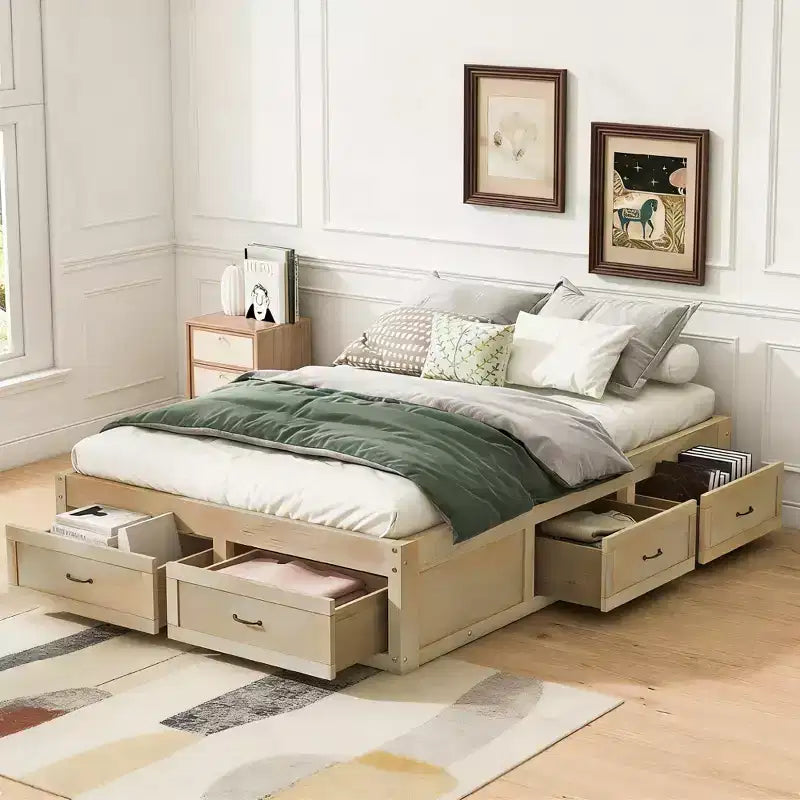 Cama Plataforma Matrimonial con 6 Cajones de Almacenamiento, Sin Cabecero, Capacidad 158 kg