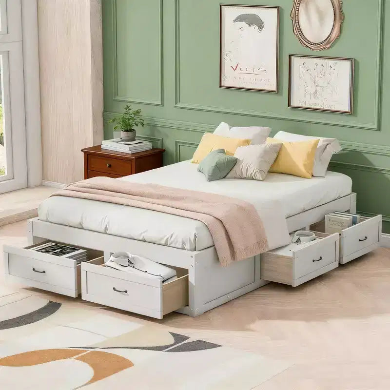 Cama Plataforma Matrimonial con 6 Cajones de Almacenamiento, Sin Cabecero, Capacidad 158 kg