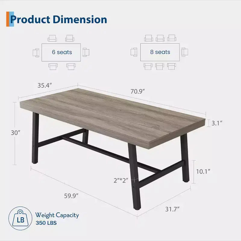 70.87 Mesa de cocina larga de madera con estructura de metal resistente y acabado de pera para cenas, cocina, comedor