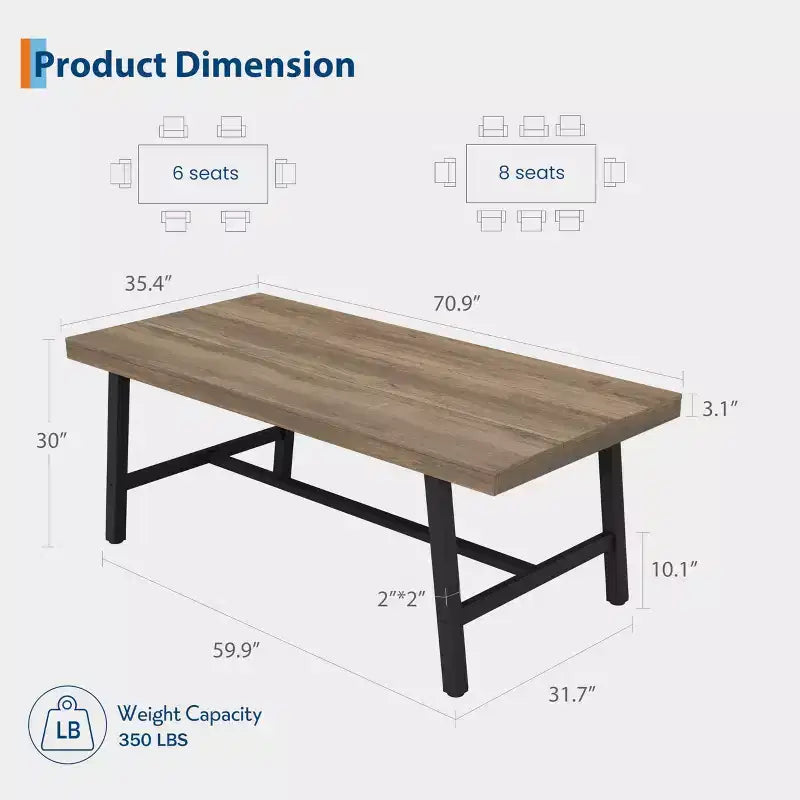 70.87 Mesa de cocina larga de madera con estructura de metal resistente y acabado de pera para cenas, cocina, comedor
