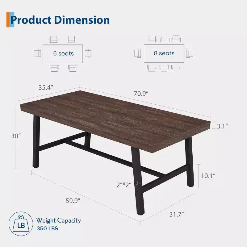 70.87 Mesa de cocina larga de madera con estructura de metal resistente y acabado de pera para cenas, cocina, comedor