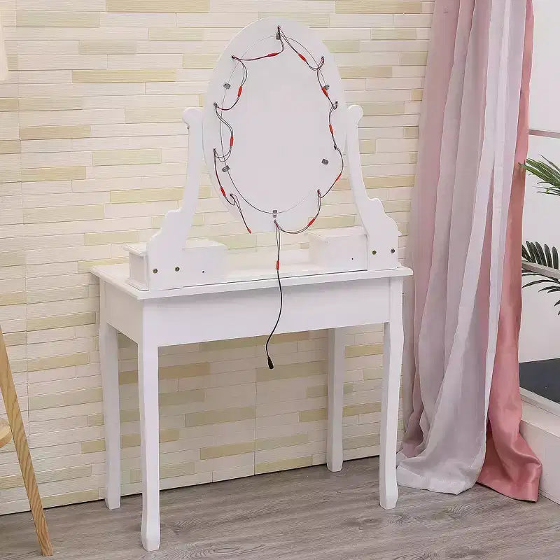Modern vanity table with oval mirror  3-level adjustable lighting, 5 large-capacity drawers, with padded stool  bedroom makeup desk