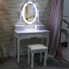 Tocador moderno con espejo ovalado, iluminación regulable en 3 niveles, 5 cajones de gran capacidad, con taburete acolchado, escritorio de maquillaje para dormitorio