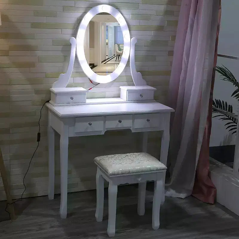 Tocador moderno con espejo ovalado, iluminación regulable en 3 niveles, 5 cajones de gran capacidad, con taburete acolchado, escritorio de maquillaje para dormitorio
