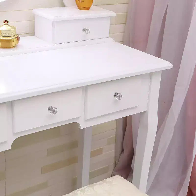 Tocador moderno con espejo ovalado, iluminación regulable en 3 niveles, 5 cajones de gran capacidad, con taburete acolchado, escritorio de maquillaje para dormitorio