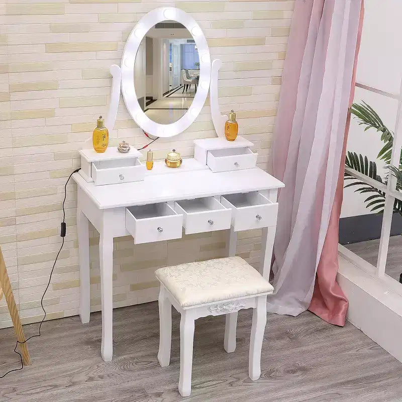Tocador moderno con espejo ovalado, iluminación regulable en 3 niveles, 5 cajones de gran capacidad, con taburete acolchado, escritorio de maquillaje para dormitorio
