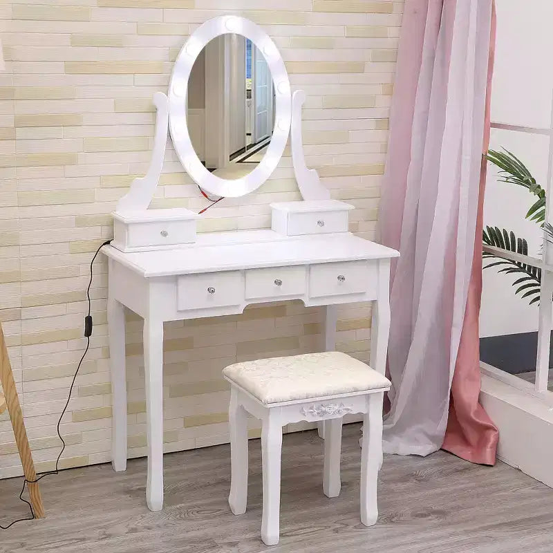Tocador moderno con espejo ovalado, iluminación regulable en 3 niveles, 5 cajones de gran capacidad, con taburete acolchado, escritorio de maquillaje para dormitorio