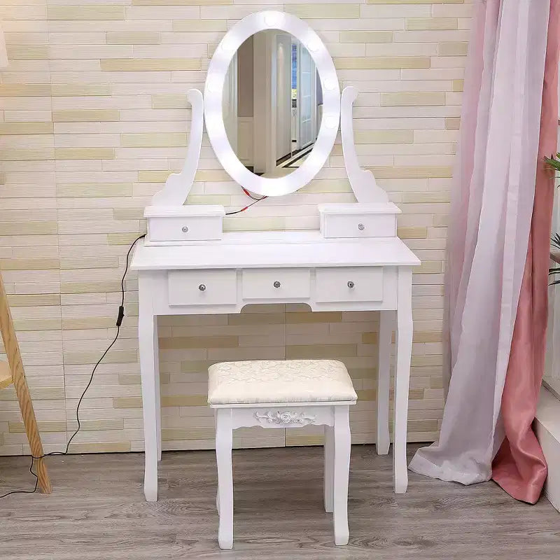 Tocador moderno con espejo ovalado, iluminación regulable en 3 niveles, 5 cajones de gran capacidad, con taburete acolchado, escritorio de maquillaje para dormitorio