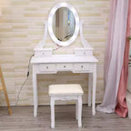 Tocador moderno con espejo ovalado, iluminación regulable en 3 niveles, 5 cajones de gran capacidad, con taburete acolchado, escritorio de maquillaje para dormitorio