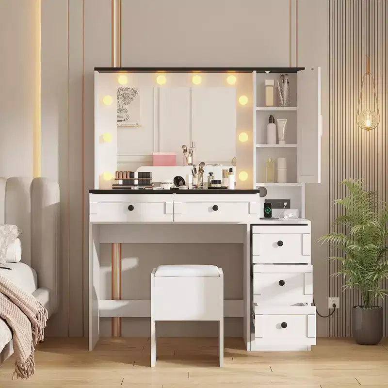 Juego de tocador moderno blanco, estilo rústico, que incluye tocador, taburete tapizado, espejo, seis cajones y un mueble con puertas
