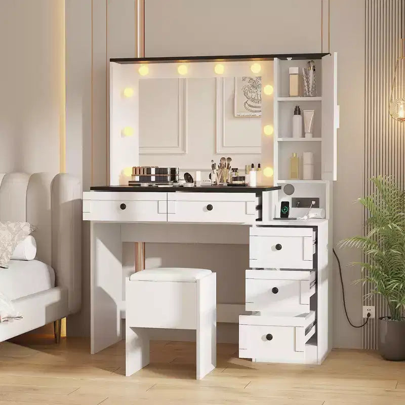 Juego de tocador moderno blanco, estilo rústico, que incluye tocador, taburete tapizado, espejo, seis cajones y un mueble con puertas