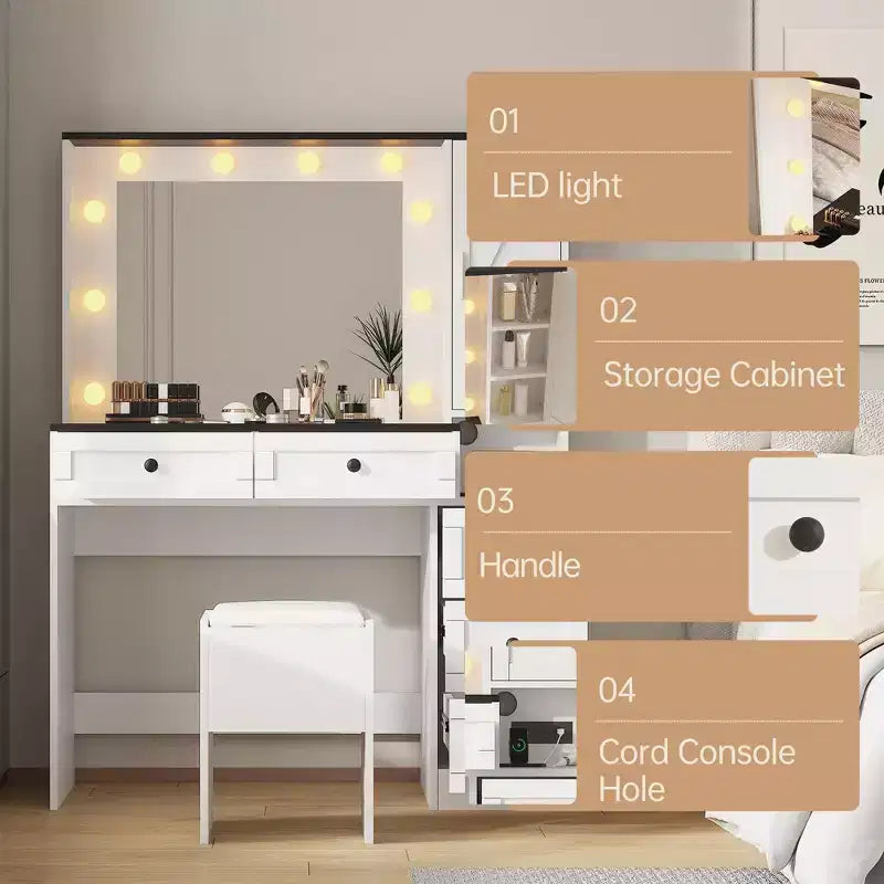 Juego de tocador moderno blanco, estilo rústico, que incluye tocador, taburete tapizado, espejo, seis cajones y un mueble con puertas