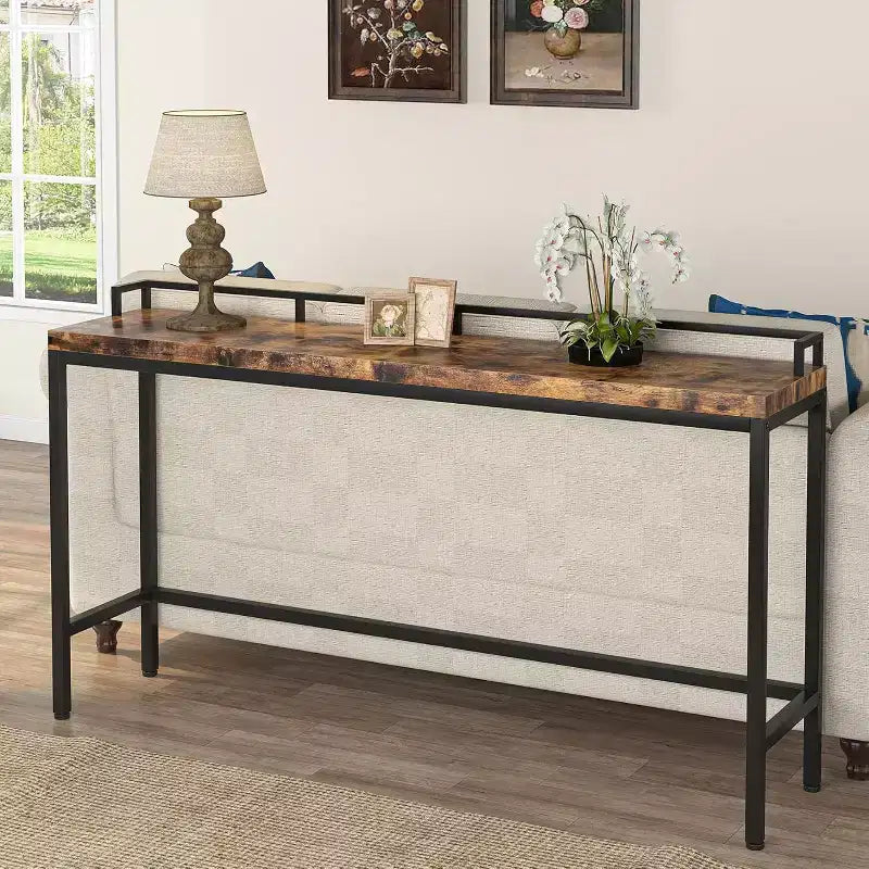 Mesa de sofá consola estrecha extralarga de 70.9", mesa de pasillo rústica industrial, marrón