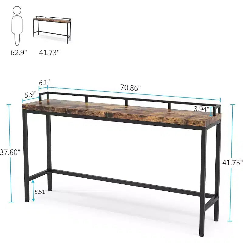 Mesa de sofá consola estrecha extralarga de 70.9", mesa de pasillo rústica industrial, marrón