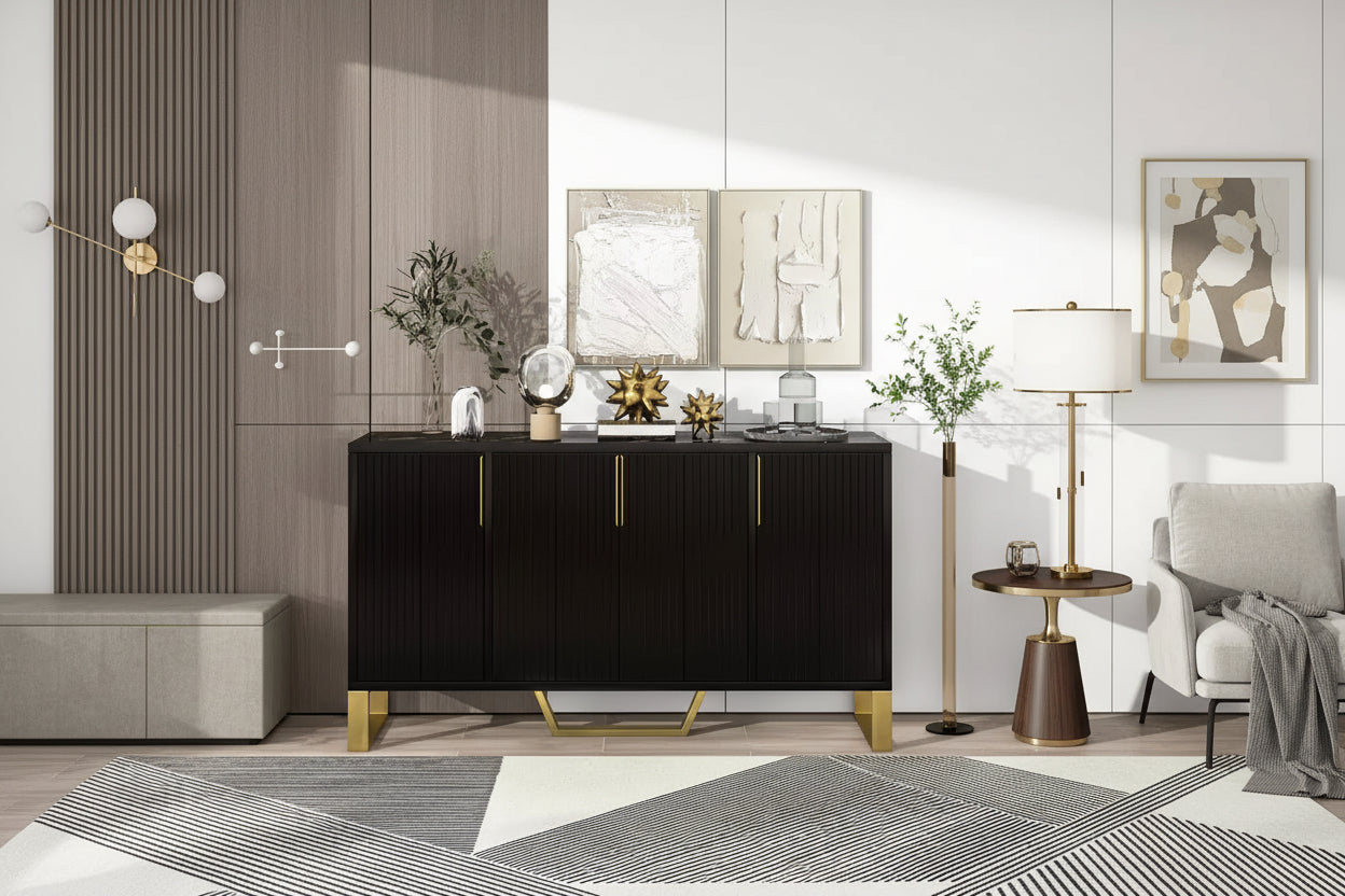 JVNOXK Modern four-door sideboard with metal handles and legs, adjustable shelves, kitchen cabinet with storage space, suitable for kitchens, black