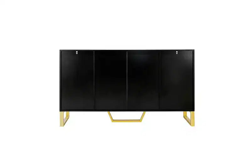 Aparador moderno de 60" con 4 puertas, tiradores dorados, estantes ajustables y superficie con aspecto de mármol, color negro