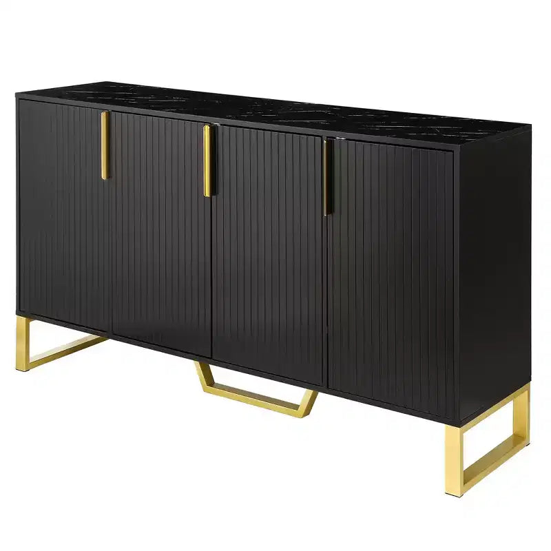 Aparador moderno de 60" con 4 puertas, tiradores dorados, estantes ajustables y superficie con aspecto de mármol, color negro