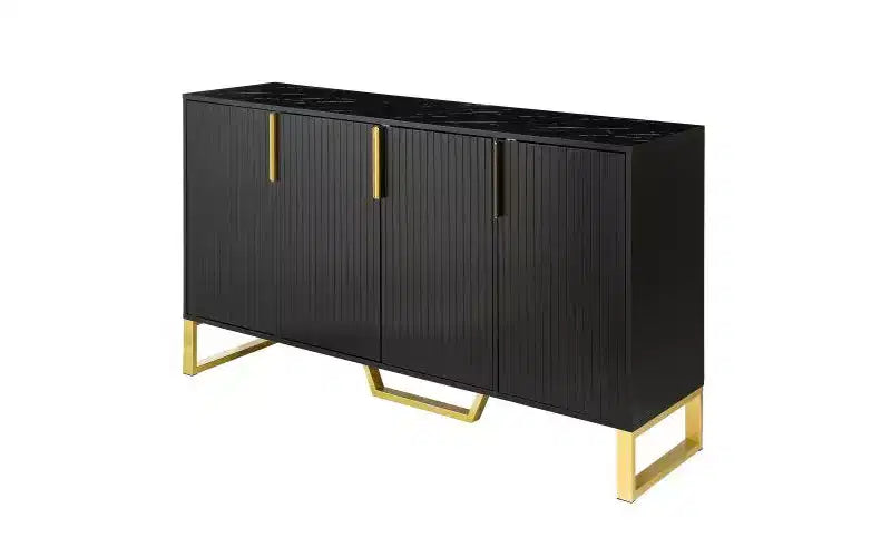 Aparador moderno de 60" con 4 puertas, tiradores dorados, estantes ajustables y superficie con aspecto de mármol, color negro
