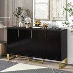 Aparador moderno de 60" con 4 puertas, tiradores dorados, estantes ajustables y superficie con aspecto de mármol, color negro