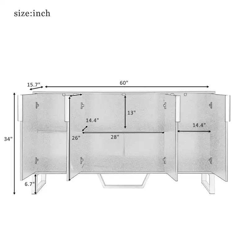 Aparador moderno de 60" con 4 puertas, tiradores dorados, estantes ajustables y superficie con aspecto de mármol, color negro