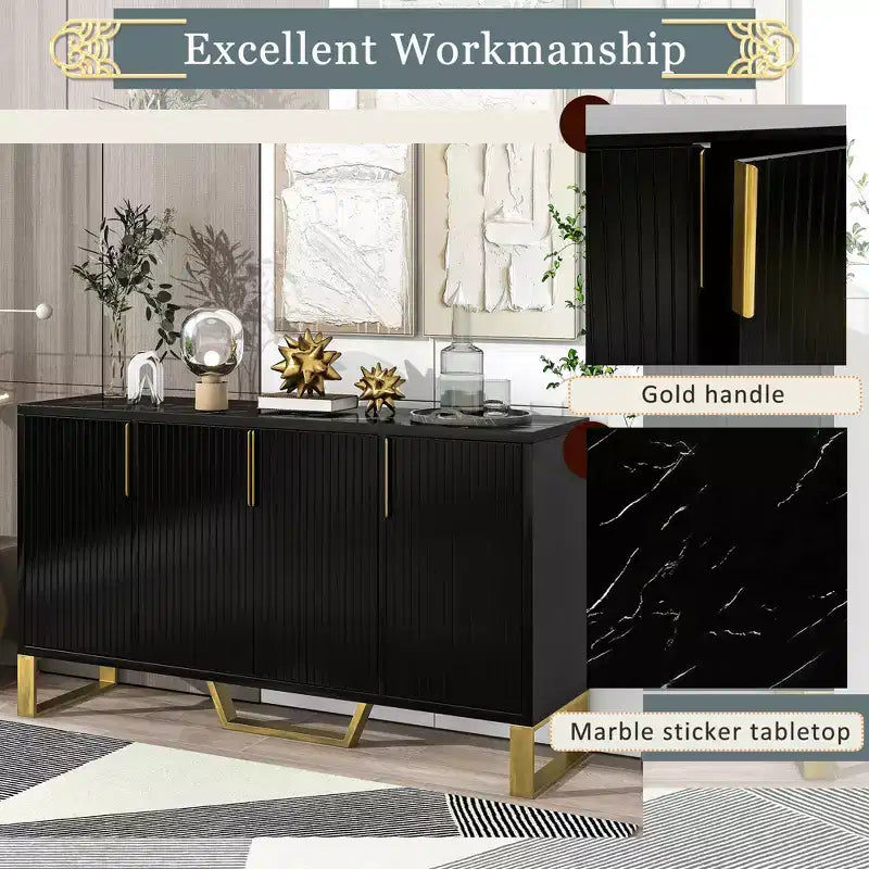 Aparador moderno de 60" con 4 puertas, tiradores dorados, estantes ajustables y superficie con aspecto de mármol, color negro