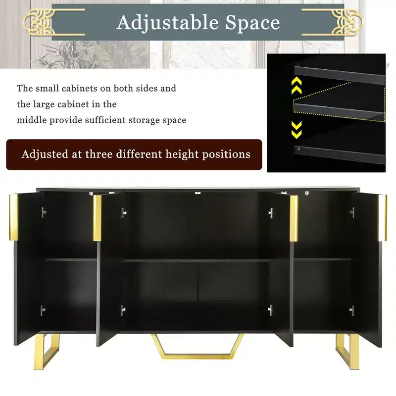 Aparador moderno de 60" con 4 puertas, tiradores dorados, estantes ajustables y superficie con aspecto de mármol, color negro