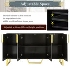Aparador moderno de 60" con 4 puertas, tiradores dorados, estantes ajustables y superficie con aspecto de mármol, color negro