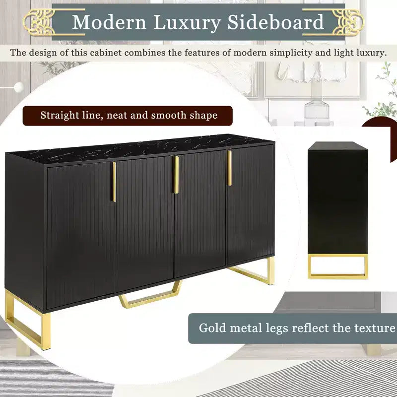 Aparador moderno de 60" con 4 puertas, tiradores dorados, estantes ajustables y superficie con aspecto de mármol, color negro