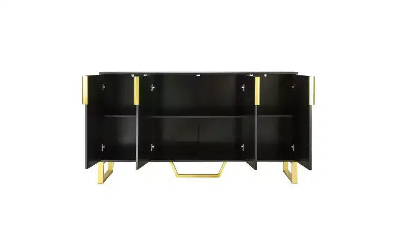 Aparador moderno de 60" con 4 puertas, tiradores dorados, estantes ajustables y superficie con aspecto de mármol, color negro