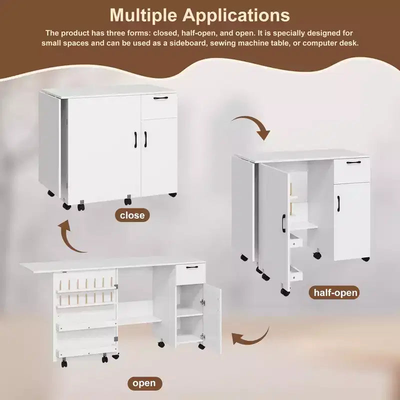 Mesa plegable para máquina de coser, escritorio lateral con ruedas para máquina de coser, estación de manualidades con ruedas con bloqueo para el hogar, dormitorio, espacios pequeños