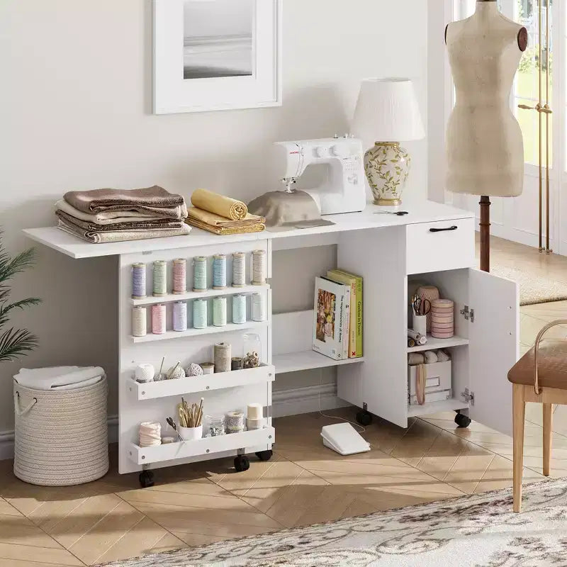 Mesa plegable para máquina de coser, escritorio lateral con ruedas para máquina de coser, estación de manualidades con ruedas con bloqueo para el hogar, dormitorio, espacios pequeños