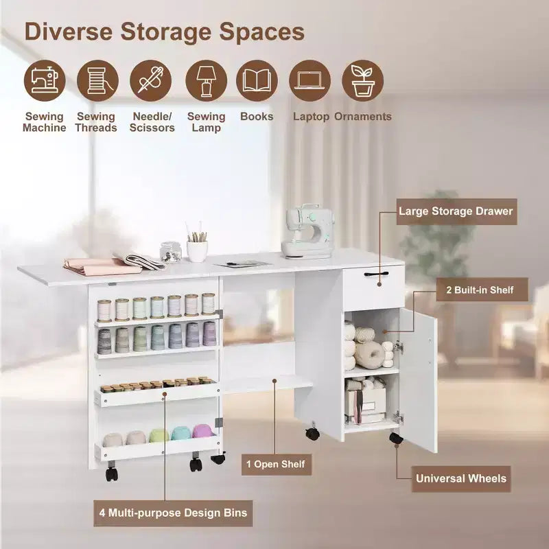 Mesa plegable para máquina de coser, escritorio lateral con ruedas para máquina de coser, estación de manualidades con ruedas con bloqueo para el hogar, dormitorio, espacios pequeños
