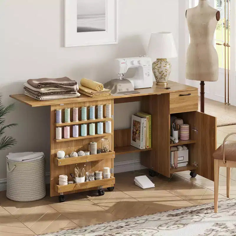 Mesa plegable para máquina de coser, escritorio lateral con ruedas para máquina de coser, estación de manualidades con ruedas con bloqueo para el hogar, dormitorio, espacios pequeños