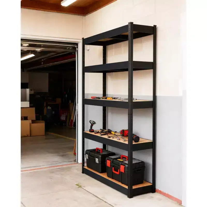 Estantería de garaje de alta resistencia de 5 niveles, estantería de acero ajustable con tablas de MDF, capacidad de 2000 lb