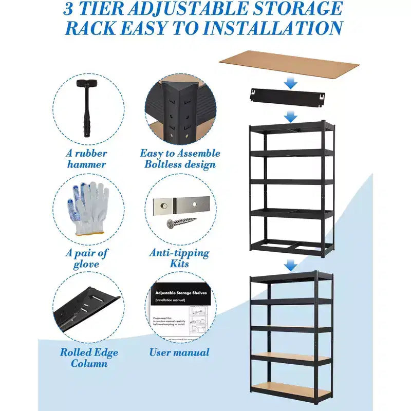 Estantería de garaje de alta resistencia de 5 niveles, estantería de acero ajustable con tablas de MDF, capacidad de 2000 lb