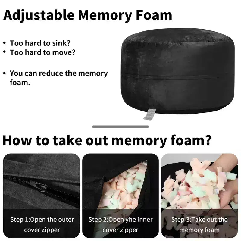 Puff con espuma viscoelástica de 1.2 m con funda de terciopelo lavable, negro