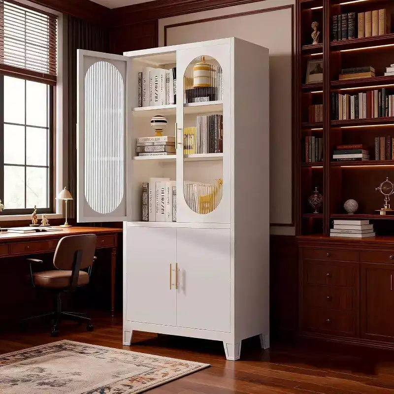 Armario de almacenamiento con puertas de cristal estriado, armario de almacenamiento blanco con 2 puertas de cristal y estantes ajustables, aparador moderno para sala de estar, comedor, recibidor