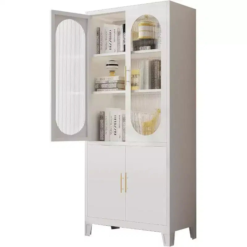 Armario de almacenamiento con puertas de cristal estriado, armario de almacenamiento blanco con 2 puertas de cristal y estantes ajustables, aparador moderno para sala de estar, comedor, recibidor