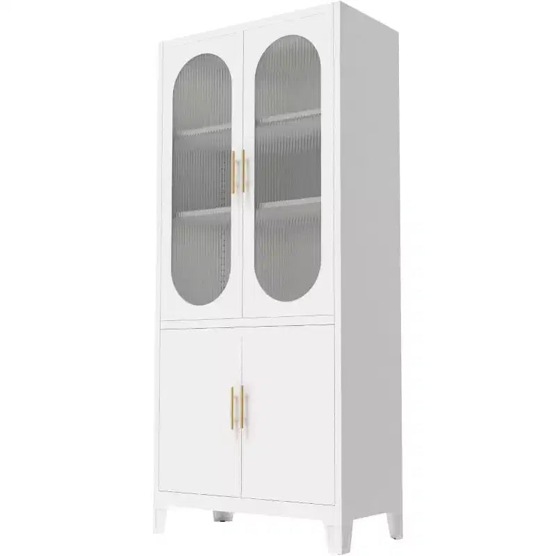 Armario de almacenamiento con puertas de cristal estriado, armario de almacenamiento blanco con 2 puertas de cristal y estantes ajustables, aparador moderno para sala de estar, comedor, recibidor