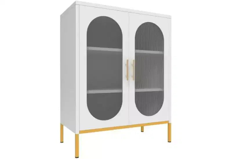 Armario de almacenamiento con puertas de cristal estriado, armario de almacenamiento blanco con 2 puertas de cristal y estantes ajustables, aparador moderno para sala de estar, comedor, recibidor