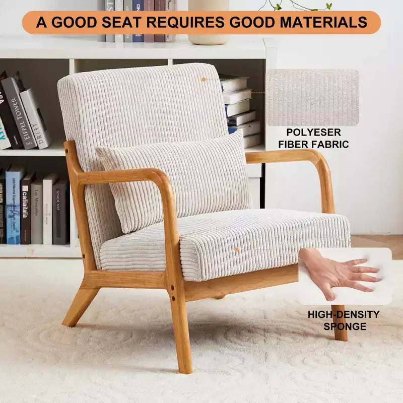 Sillón moderno tapizado con brazos de madera maciza, tela texturizada, para sala de estar