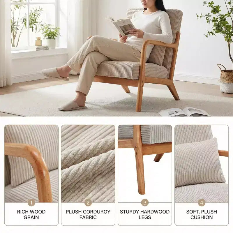 Sillón moderno tapizado con brazos de madera maciza, tela texturizada, para sala de estar